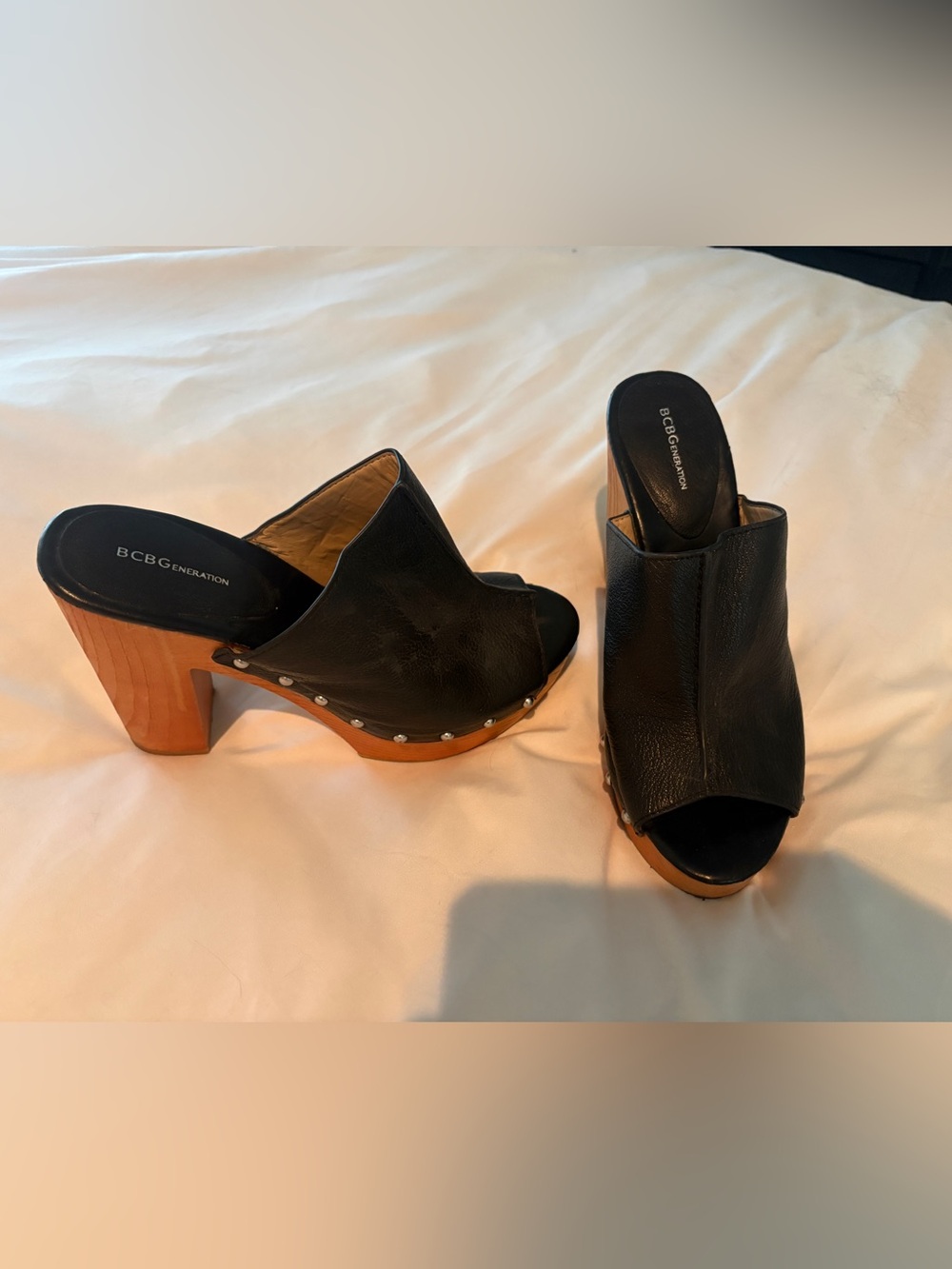 BCBGeneration Black Leather Studded Wood-Platform Clogs
